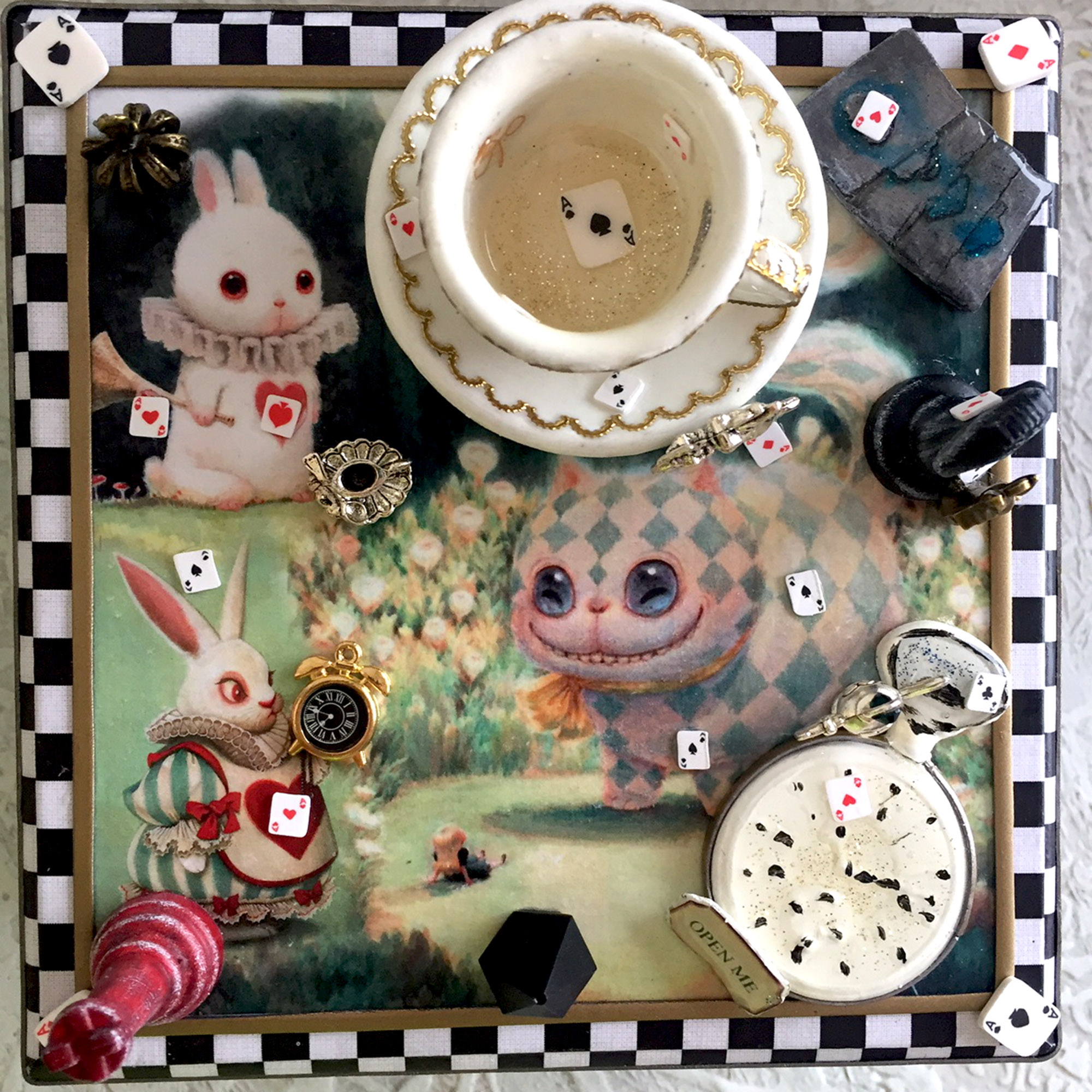 Wooden miniature handmade box "Alice in Wonderland". Jewelry Box, Cheshire cat Storage, Mad Hatter box, White rabbit box, Blue Ring Holder