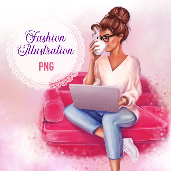 Fashion illustration - Girl with her notebook sitting on the sofa