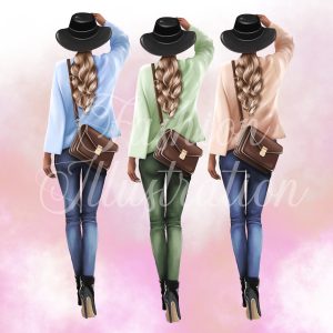 Home 1126 Fashion illustration – Girl in the jeans and sweater with bag dark tone