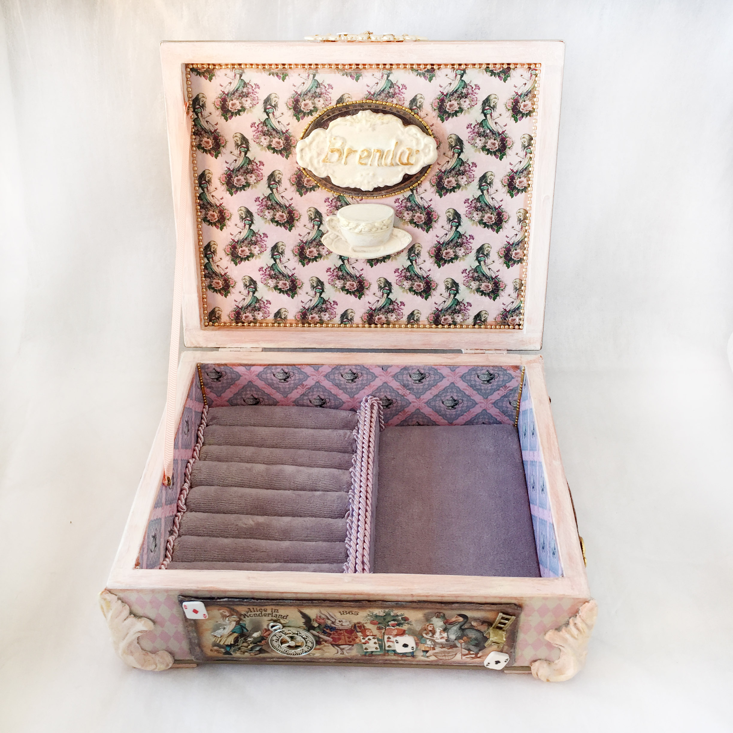 Wooden miniature handmade box "Alice in Wonderland". Jewelry Box, Cheshire cat Storage, Mad Hatter box, White rabbit box, Pink Ring Holder