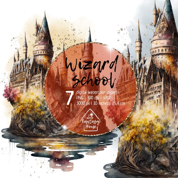 Wizard school castle cliparts set
