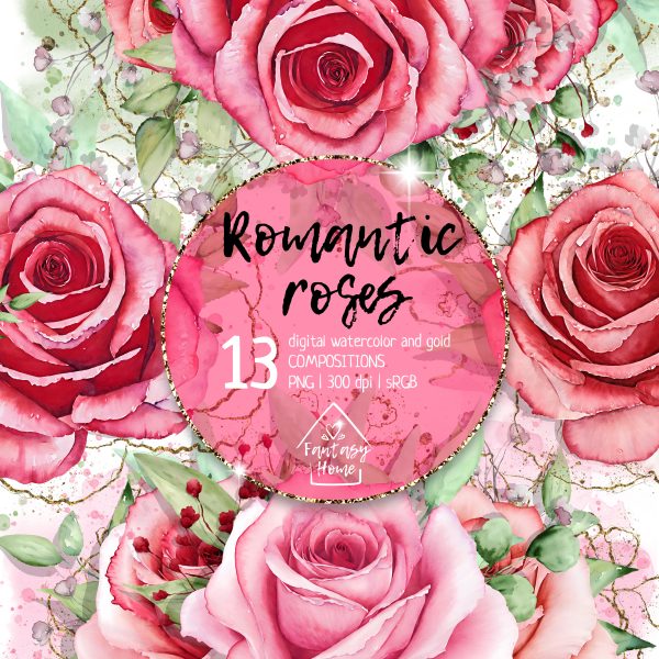 Romantic watercolor roses digital cliparts wedding
