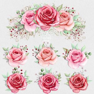 Romantic watercolor roses digital cliparts wedding Valentine’s day compositions set