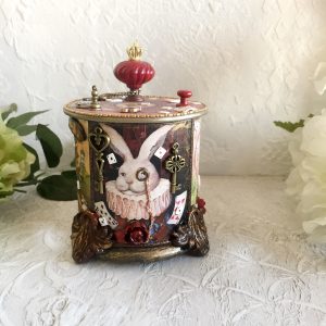 Red round Jewelry casket, Alice in Wonderland, Mad Hatter box, White rabbit, Alice decor