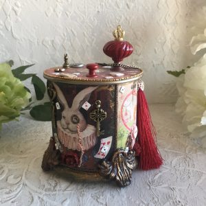Red round Jewelry casket, Alice in Wonderland, Mad Hatter box, White rabbit, Alice decor
