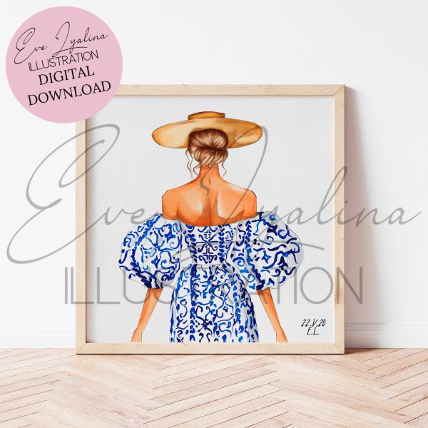 Watercolor painting of a girl wearing summer dress and straw hat