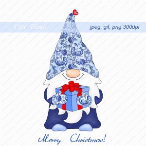 Chinoiserie Merry Christmas blue gnome clipart