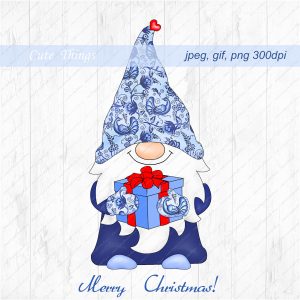 Chinoiserie Merry Christmas blue gnome clipart
