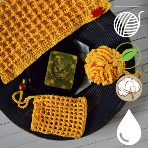 yellow sunny happy color spa set for gentle care for sensitive skin cotton washcloths waffle towel soap with natural oil crocheted handmade