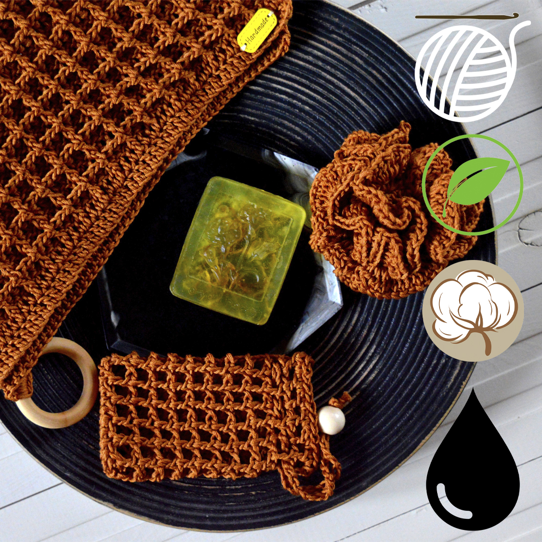spa set for home bath and shower skin care crocheted handmade brown spice soap with almond oil material natural cotton