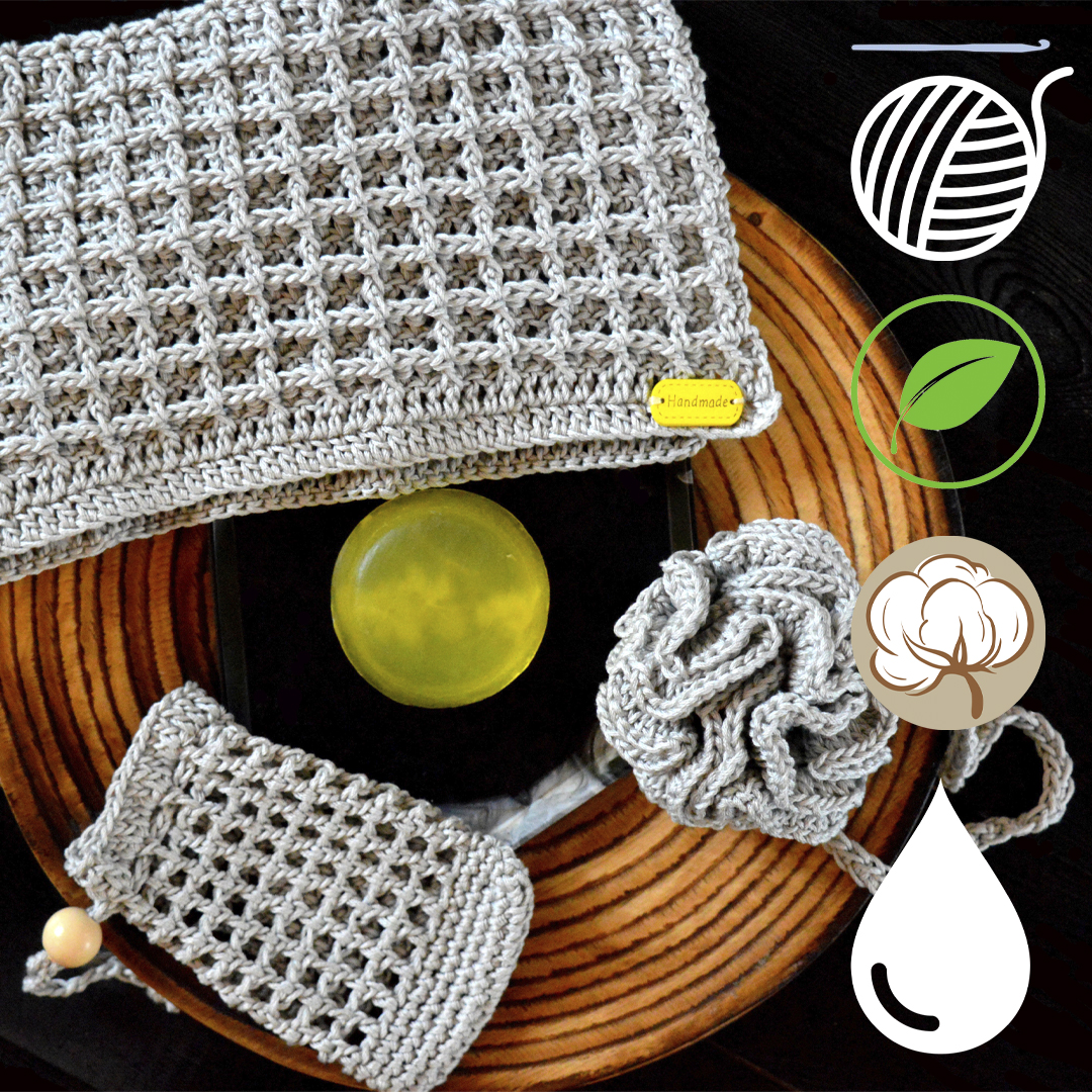 crocheted handmade spa skin cleansing kit light gray waffle towel soap bag with massage effect handmade cosmetics ecological with natural oils