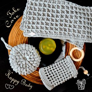 spa set handmade gray crocheted washcloths sponges soap bag and waffle towel made of cotton golden yellow soap with natural oil and herbs