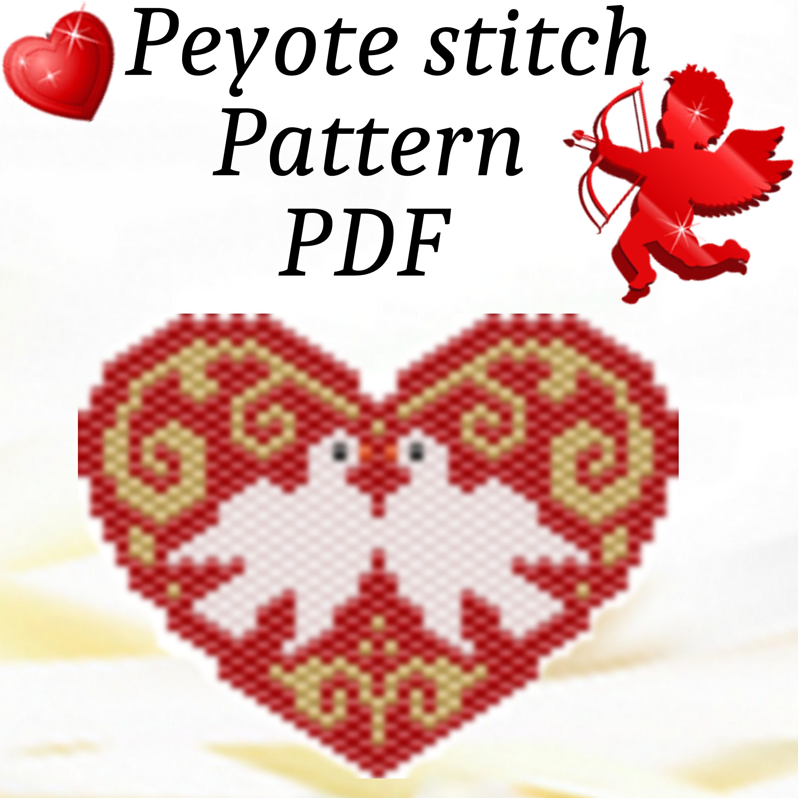 Peyote stitch pattern Valentine heart Pair of pigeons Beaded
