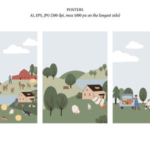 Printable farm life scenery poster, farm landscape