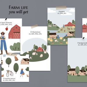 farm animals clipart, farm life svg png ai illustration