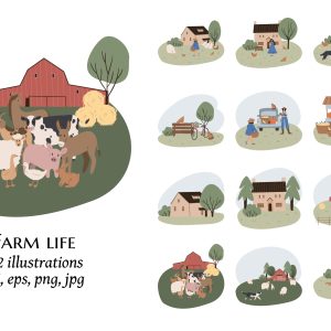 farm life illustration, domestic animals clipart