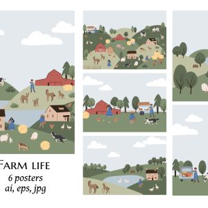 Printable farm life scenery poster, farm landscape