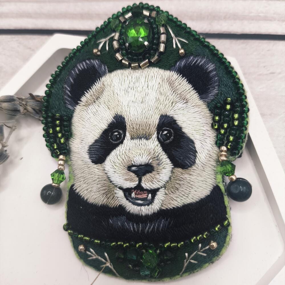 "Panda in a crown" handmade embroidered brooch 2 "Panda in a Crown" - an embroidered brooch with an image of a panda bear in a beautiful green crown. details