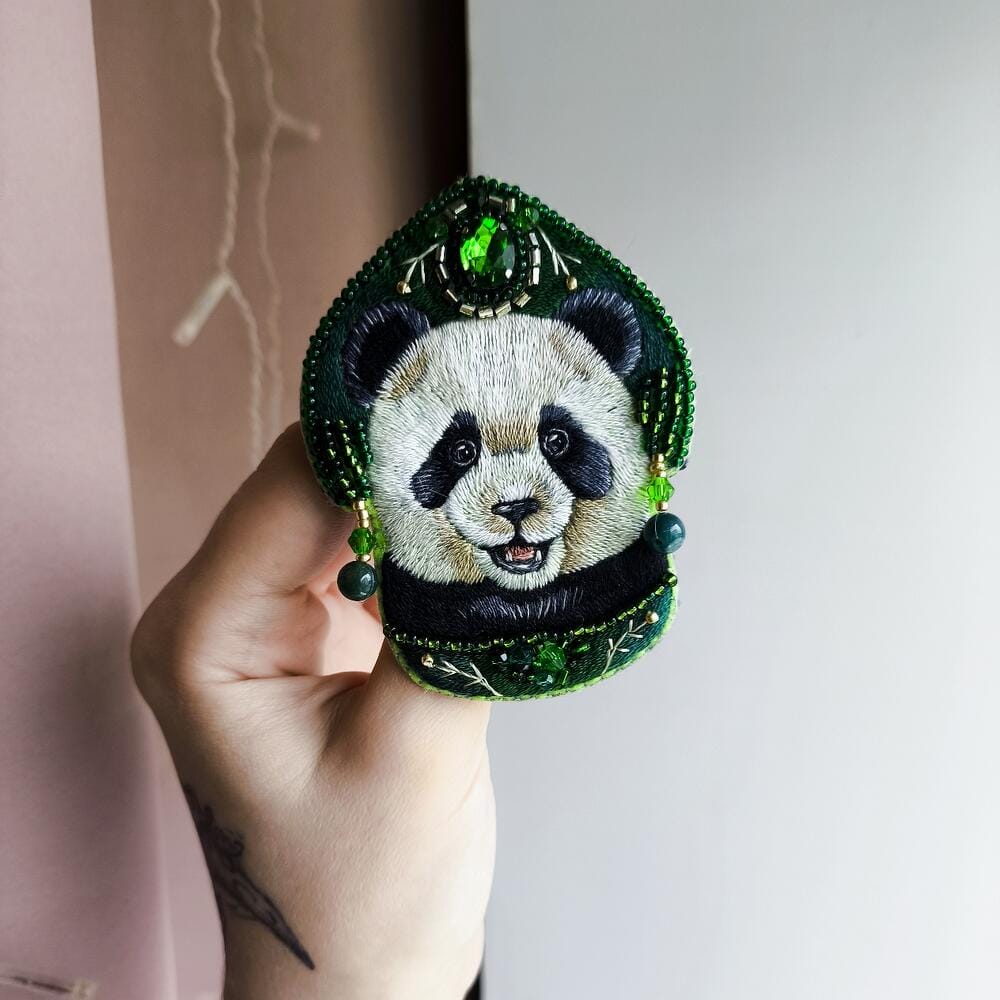 "Panda in a crown" handmade embroidered brooch 4 "Panda in a crown" - embroidered brooch with the image of a panda bear in a beautiful green crown. brooch in hands, natural size