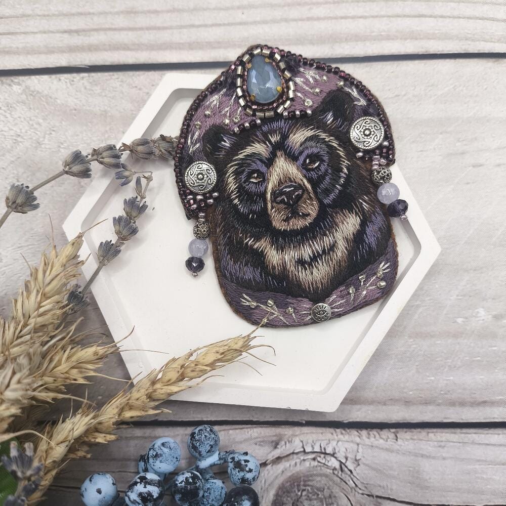 "Himalayan Bear" - handmade embroidered brooch. 1 "Himalayan Bear" - Handmade Embroidered Brooch Front View