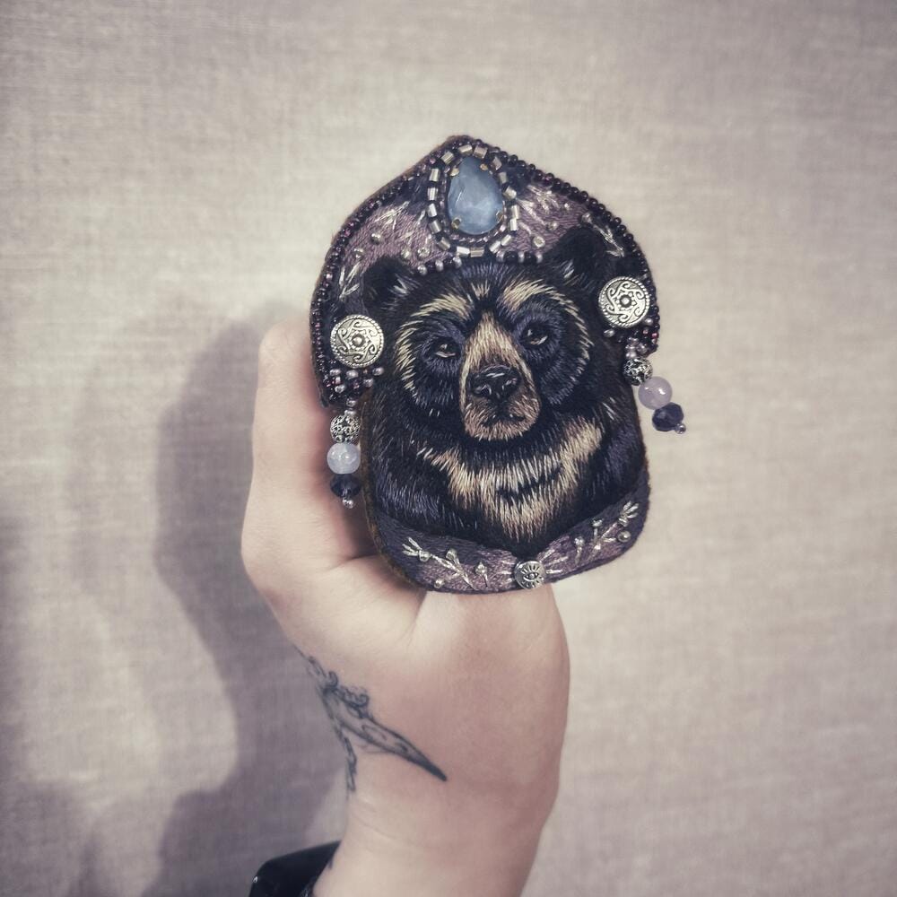 "Himalayan Bear" - handmade embroidered brooch. 4 "Himalayan Bear" - handmade embroidered brooch. brooch in hands, natural size
