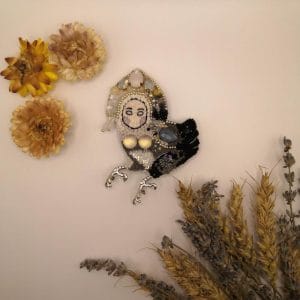 "Sirin Bird" - handmade embroidered brooch depicting the mythical Sirin bird. Front view