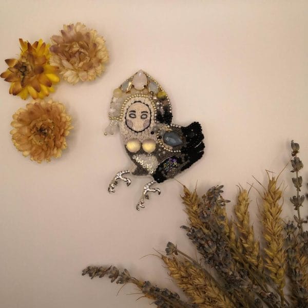 "Sirin Bird" - handmade embroidered brooch depicting the mythical Sirin bird. Front view