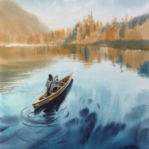 solitude mountain lake watercolor painting of canoe by Anastasia Lobuz