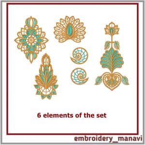 In the hoop Cutwork oriental style flowers, set of 6 elements