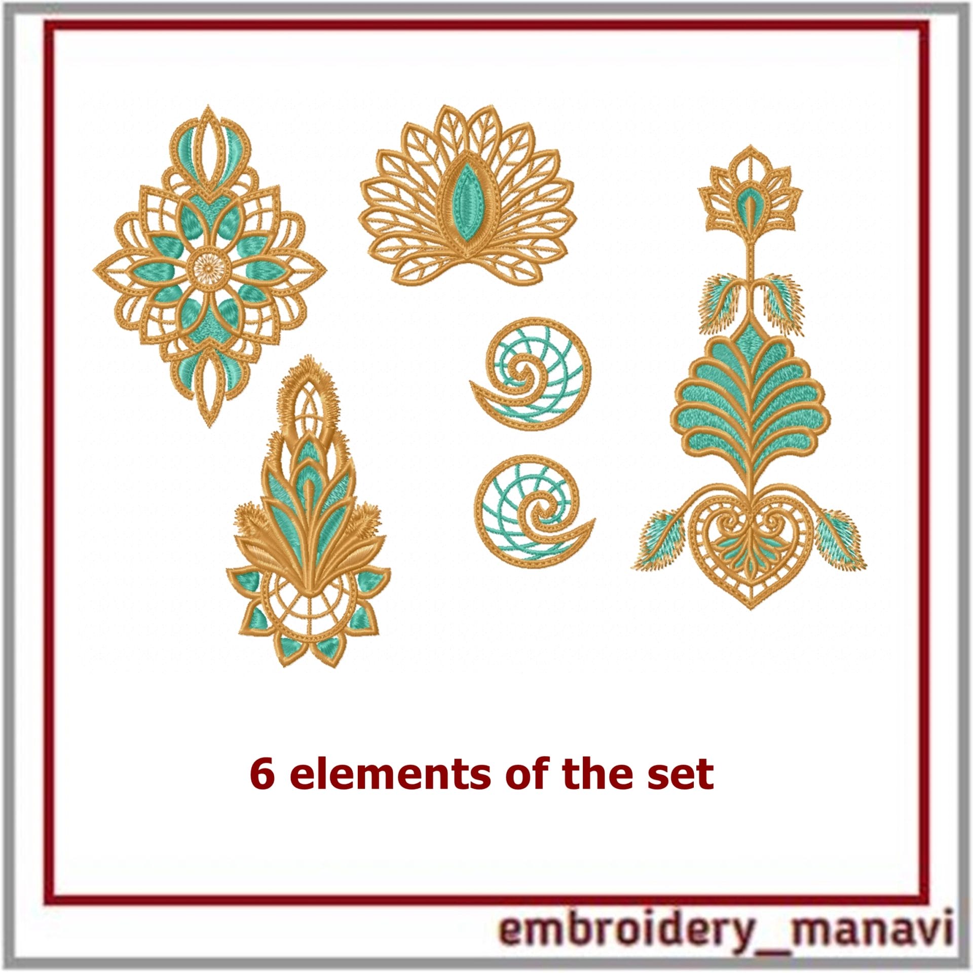 Carol Smith フラワー　複製画　額装 In the hoop Cutwork oriental style flowers, set of 6