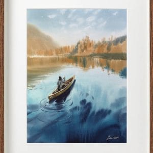 solitude mountain lake watercolor painting of canoe by Anastasia Lobuz