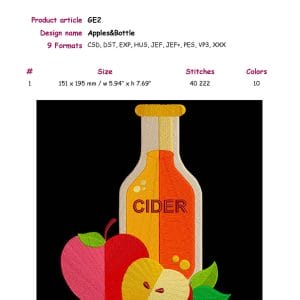 Machine embroidery Apples and Bottle, for kitchen, home design