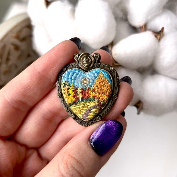 On The Way Home, landscape embroidery pendant