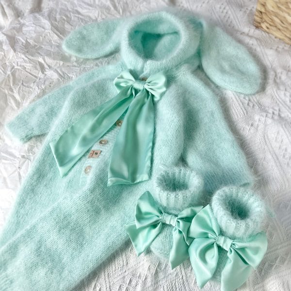 Baby Romper Mint Angora with Silk Bow & Fur Tail | Handmade 3-6 Months