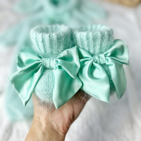 Baby Booties Mint Color with Silk Bows