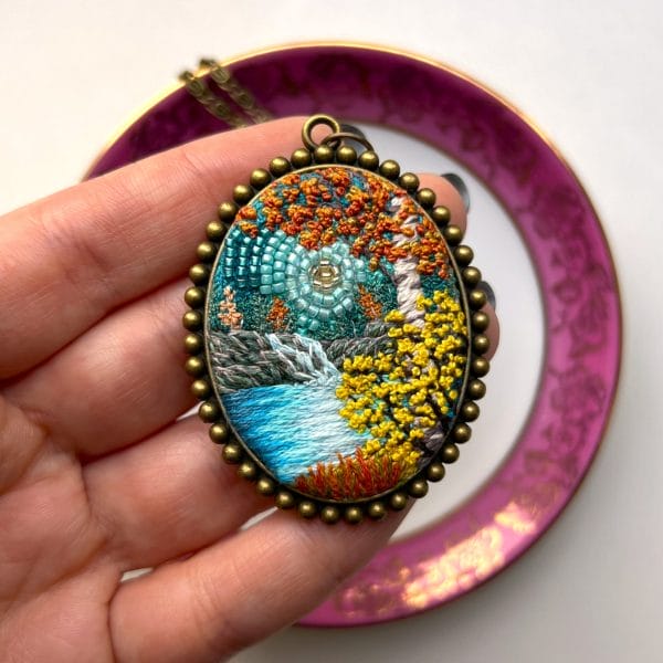 Autumn Leaves, landscape embroidery pendant