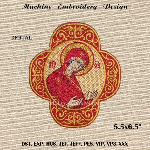 Ornamental cross with the Mother of God icon embroidery design