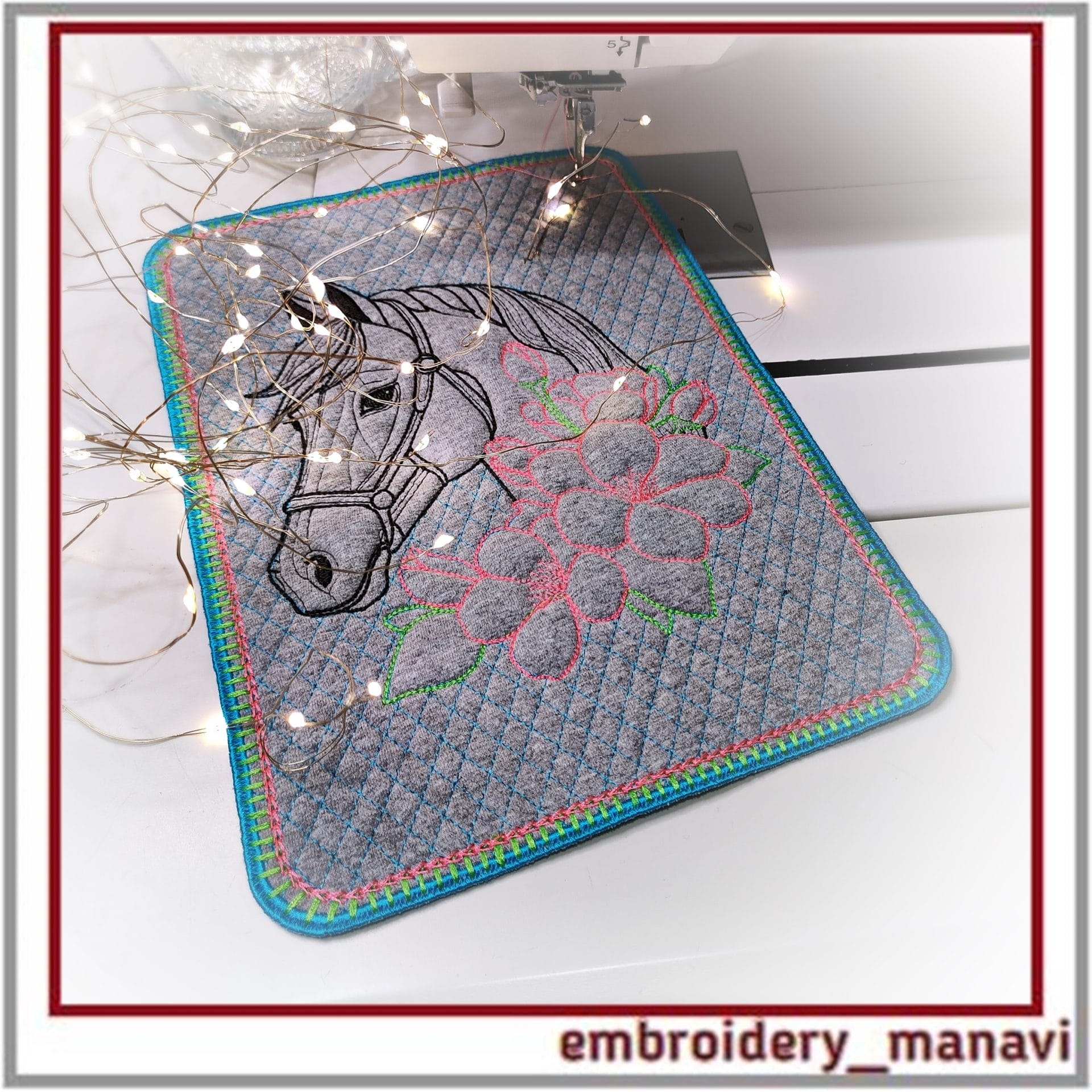 ITH Quilted Horse Head in Flowers Placemat or panels Design 2 ITH Quilted Horse Head in Flowers Placemat or panels Design - Image 2
