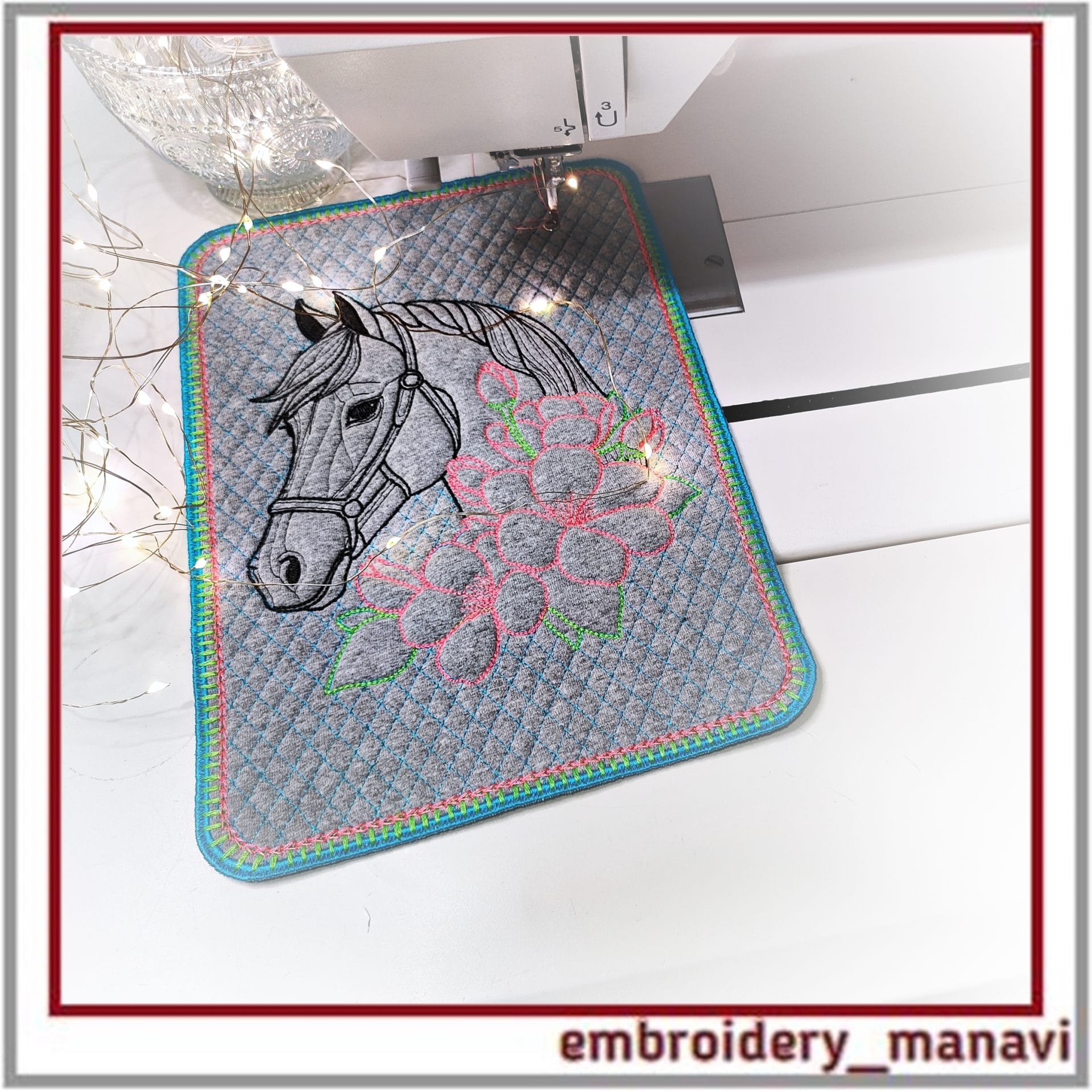 ITH Quilted Horse Head in Flowers Placemat or panels Design 5 ITH Quilted Horse Head in Flowers Placemat or panels Design - Image 5