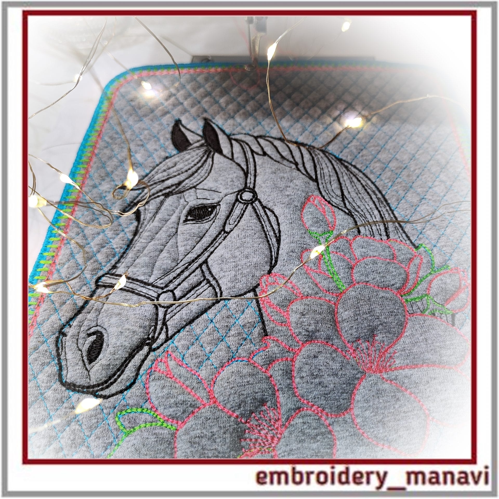 ITH Quilted Horse Head in Flowers Placemat or panels Design 3 ITH Quilted Horse Head in Flowers Placemat or panels Design - Image 3