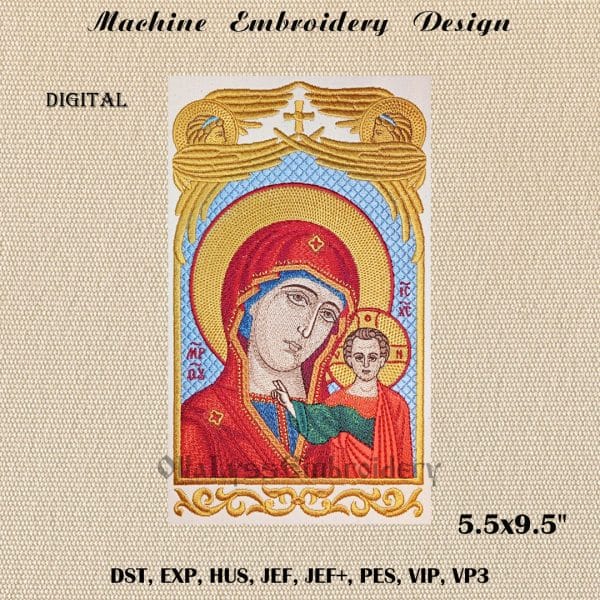 Icon of the Kazan Mother of God surrounded by angels.