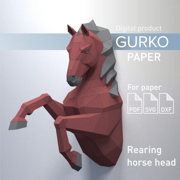 Rearing Horse Head Papercraft, Digital Template, PDF, SVG, DXF
