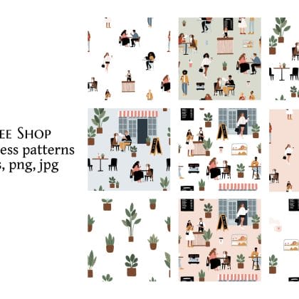 Dog Friendly Coffee Shop Seamless Pattern Set with People and Pet
