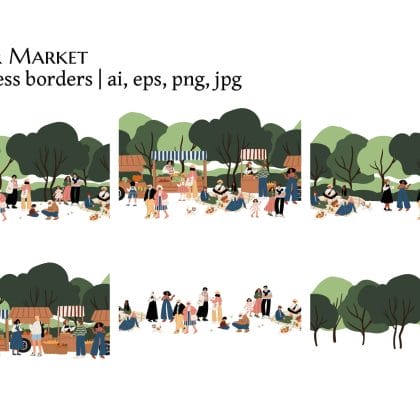 Diverse People at Farmers Market Seamless Borders set