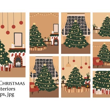 Merry Christmas Cozy Home Interior Illustration Vector Set