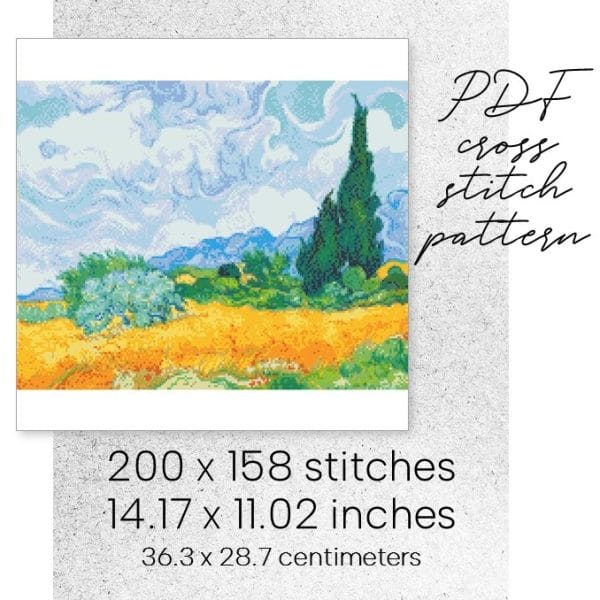 cross stitch pattern van gogh wheat field with cypresses art masterpiece easy for beginner digital instant download