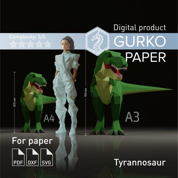 Tyrannosaur 1130 mm Papercraft, Dinosaur, Digital, PDF, SVG, DXF