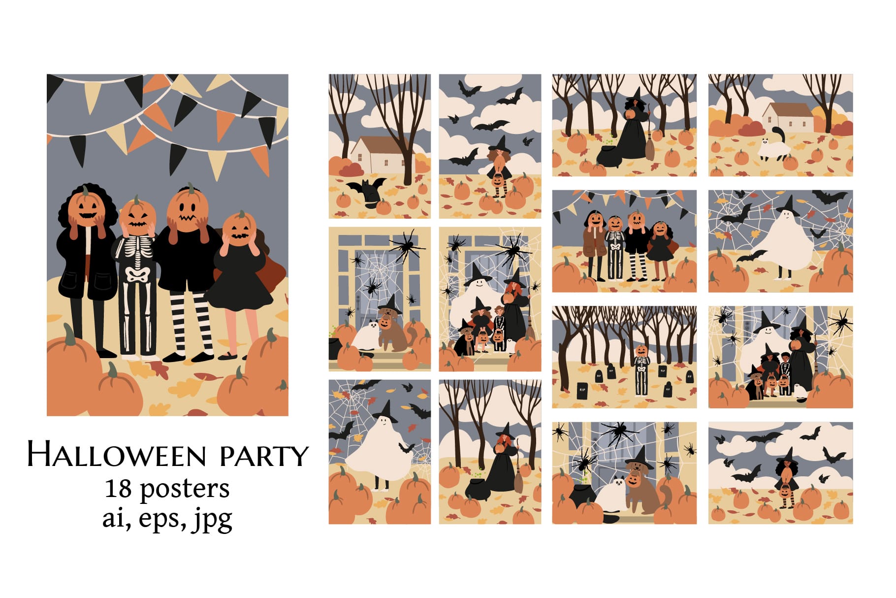 Halloween Poster Illustration Set with Costumed Characters, Pets 1 Halloween Poster Illustration Set with Costumed Characters, Pets