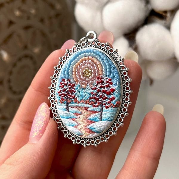 Tender Colors Of Winter, landscape embroidery pendant