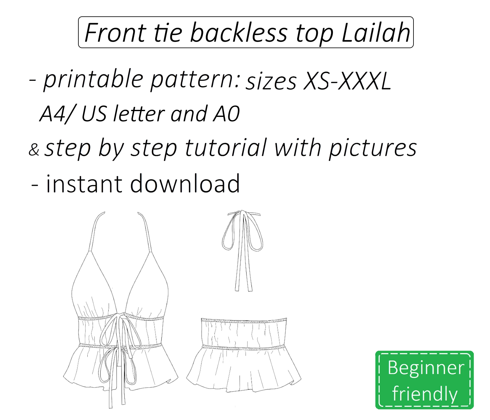 Front tie top sewing pattern PDF Lailah + detailed tutorial 2 front tie backless summer top sewing pattern A0 A4 US letter